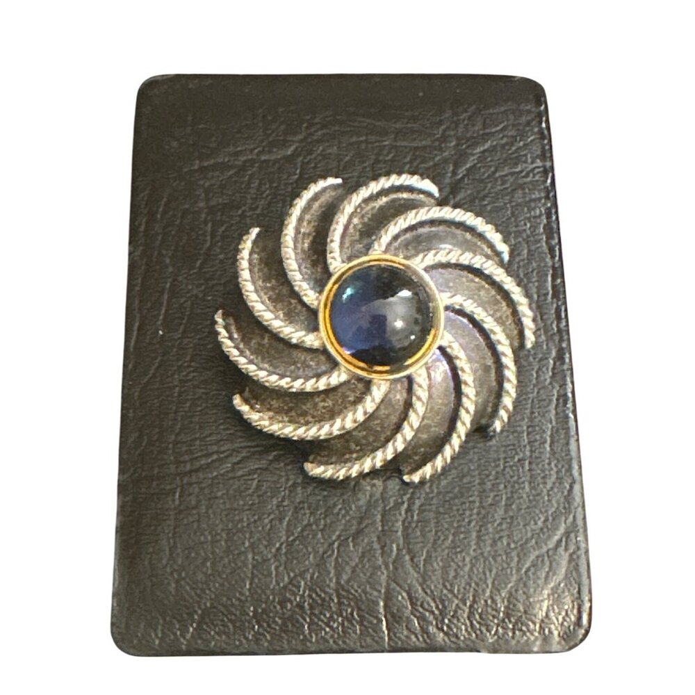 💖Vintage Silver & Gold-Tone Swirl Brooch With Blue Gemstone Center 2.25 Inch